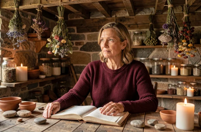 Femme contemplative dans un chalet en pierre entouré d'herbes séchées et de bougies, ressentis intérieurs et éveil chamanique