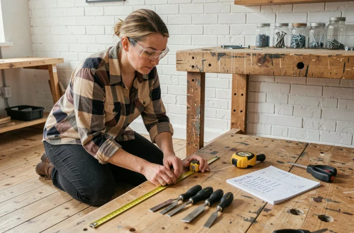 Femme comparant des outils de mesure et des ciseaux à bois sur un établi en bois dans un atelier de bricolage à domicile