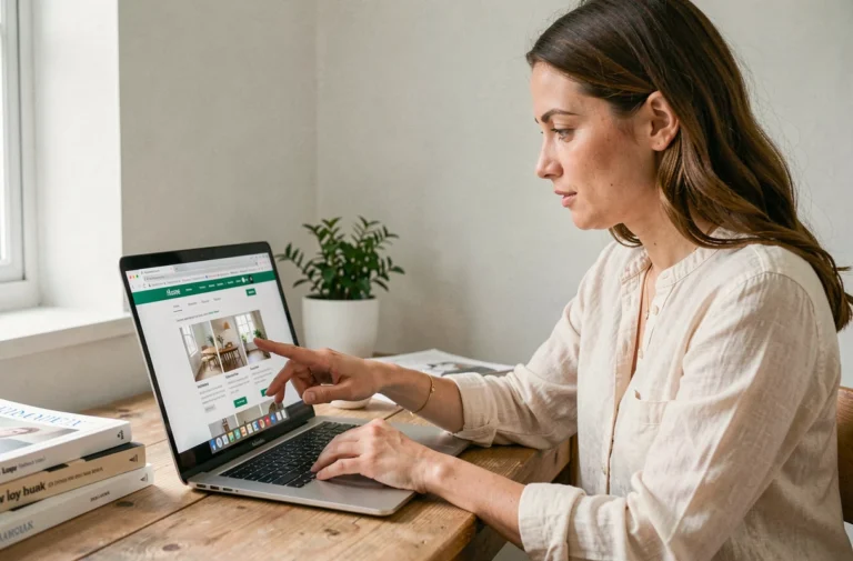 Femme consultant la page sitemap d'un blog déco sur un ordinateur portable dans un bureau scandinave