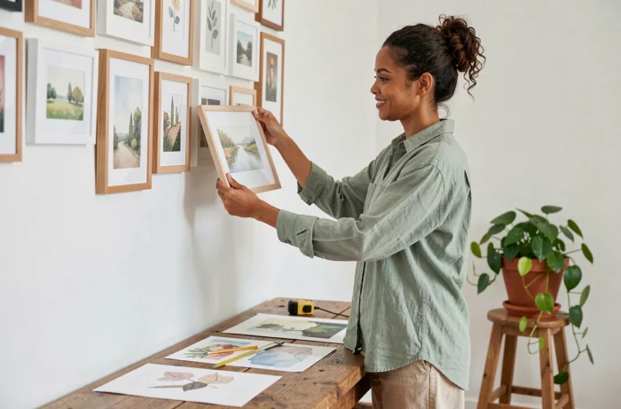Femme décorant un mur avec des cadres variés dans une salle à manger moderne, idée déco galerie murale facile à réaliser