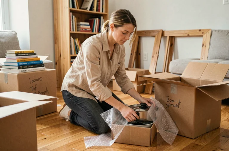 Femme organisant ses affaires dans des cartons de déménagement dans un salon en cours de vidage