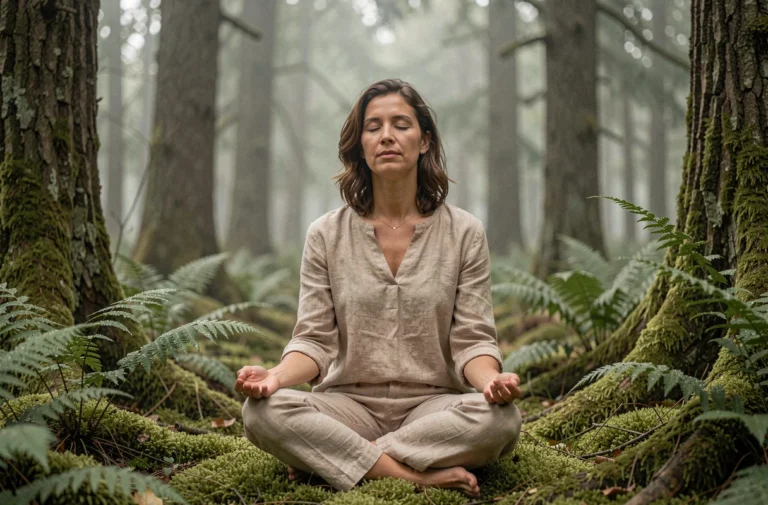 Femme en méditation profonde assise dans une forêt brumeuse, signes d'éveil chamanique et connexion à la nature