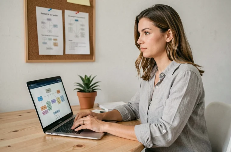 Femme travaillant sur un plan de site web structuré depuis son bureau minimaliste, illustration d'une navigation de blog optimisée