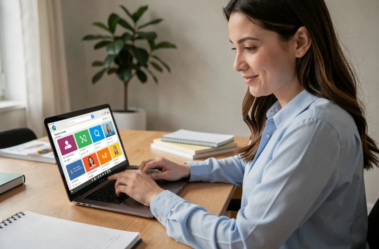Femme utilisant un réseau social de type Google+ sur un ordinateur portable dans un bureau moderne