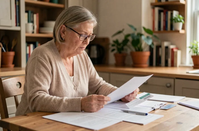 Femme senior lisant des documents de mutuelle santé à sa table de cuisine