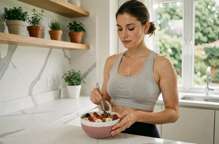 Femme préparant un bol de smoothie sain dans une cuisine moderne pour une meilleure hygiène de vie