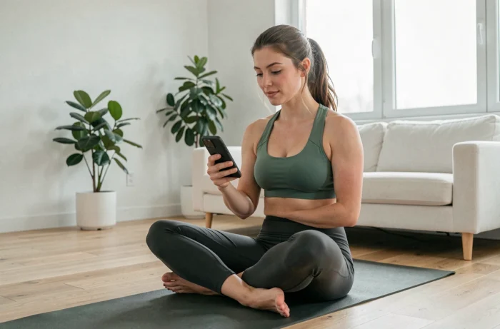 Jeune femme sportive consultant une application santé sur smartphone dans un appartement moderne et lumineux