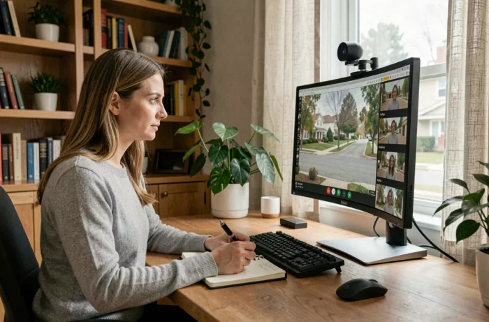 Femme en télétravail lors d'un appel vidéo professionnel dans un bureau à domicile bien équipé avec double écran et webcam