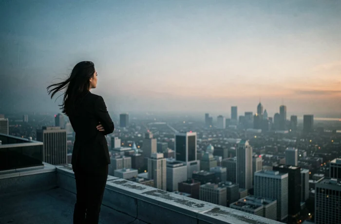 Femme debout sur un toit face à la ville au crépuscule, symbolisant la dualité entre ombre et espoir évoquée dans les paroles de Demons d'Imagine Dragons
