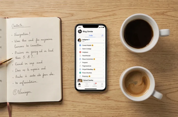 Vue de dessus d'un bureau avec smartphone affichant un sitemap de blog déco, carnet de notes et tasse de café