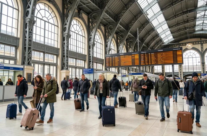 Hall de la gare de Lyon à Paris avec tableau des départs affichant Venise pour un voyage en train international