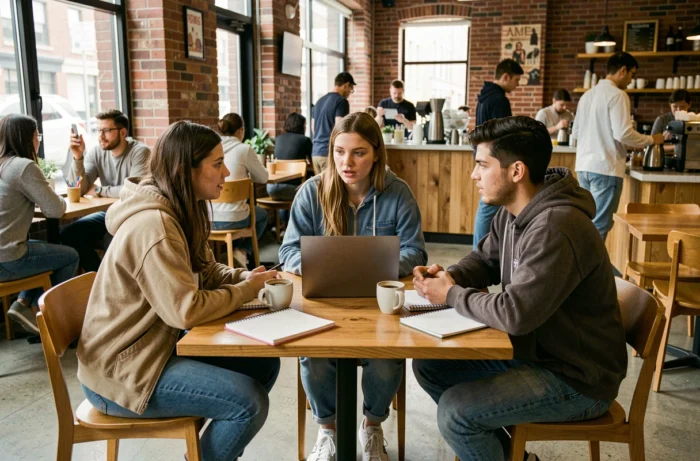 Groupe de jeunes adultes discutant autour d'une table de café des implications juridiques et sociales de la majorité à 21 ans