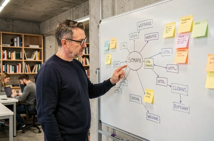 Homme présentant une architecture de site web sur un tableau blanc dans un espace de co-working, stratégie de navigation et plan de site blog