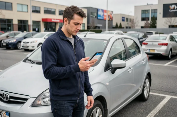 Homme consultant une application de comparaison d'assurance auto depuis un parking