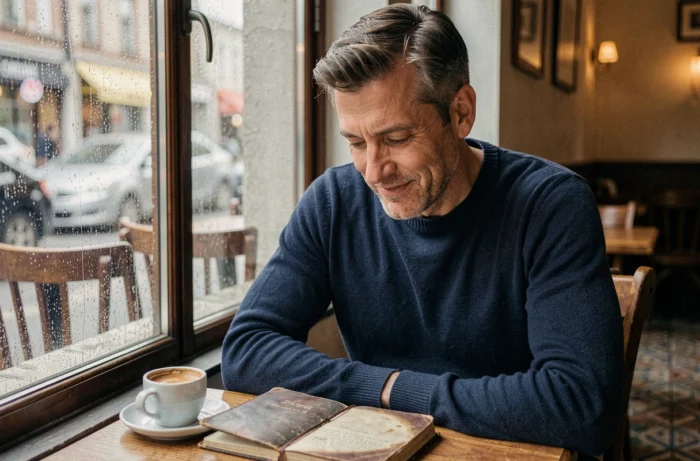 Homme d'âge moyen pensif dans un café parisien avec un carnet, symbolisant la résilience et la vie après la maladie pour un artiste public