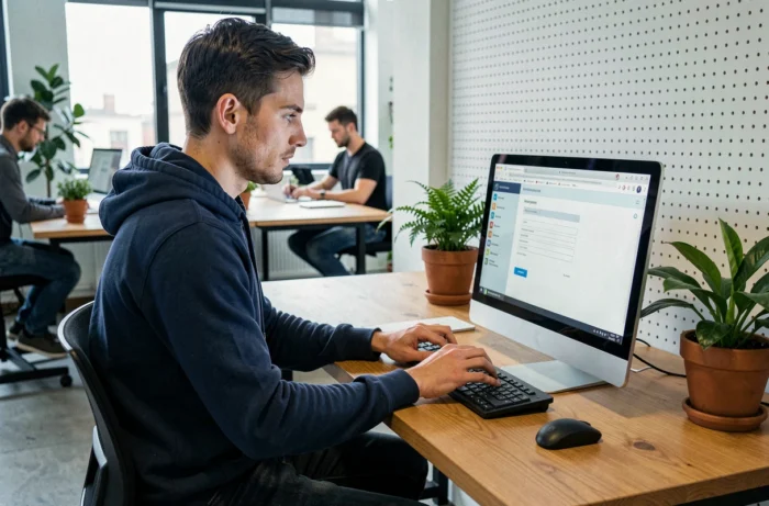 Jeune homme complétant un dossier en ligne pour obtenir la garantie Visale dans un espace de coworking