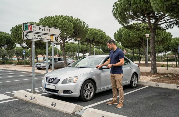 Homme garant sa voiture dans un parking organisé près du ferry pour Porquerolles