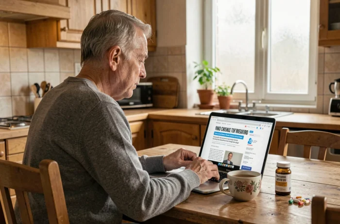 Homme âgé lisant des informations santé sur un ordinateur portable dans une cuisine chaleureuse