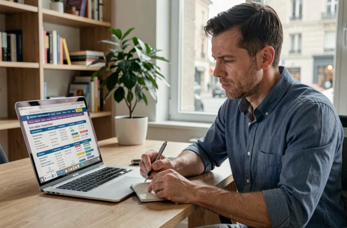 Homme recherchant un numéro de téléphone inconnu sur un site d'annuaire inversé depuis son bureau à domicile