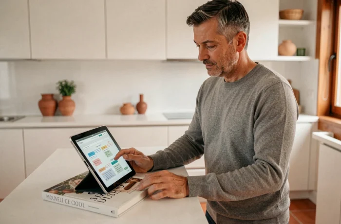 Homme parcourant le sitemap d'un blog de décoration intérieure sur une tablette dans une cuisine moderne