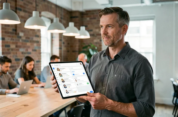 Homme consultant un tableau de bord de réseau social Google+ sur une tablette dans un espace de coworking