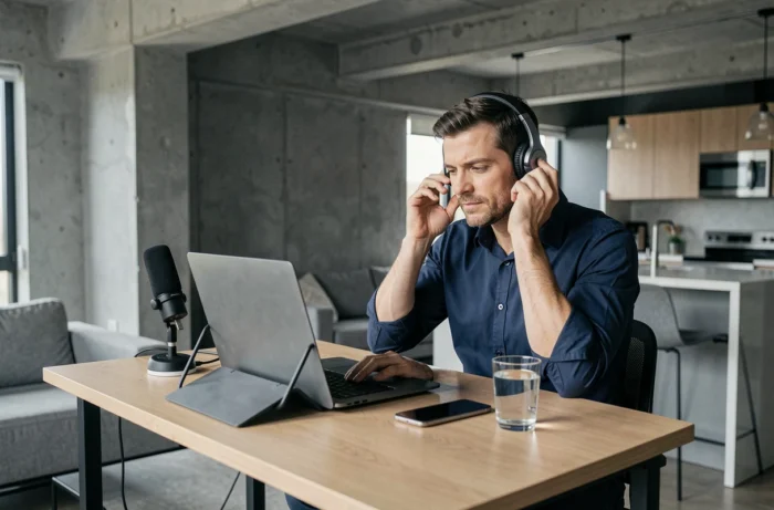Homme en télétravail réglant son casque sans fil devant un bureau ergonomique avec microphone USB et laptop dans un appartement moderne