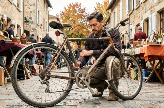 Homme inspectant un vélo d'occasion dans un marché aux puces en Rhône-Alpes