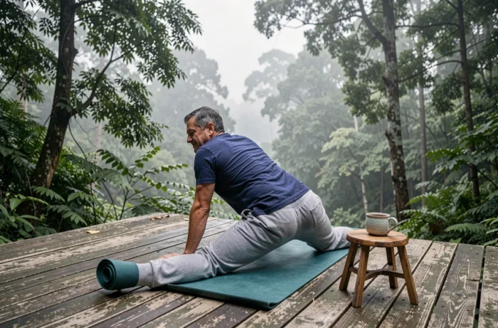 Homme pratiquant le yoga en plein air sur une terrasse en bois dans la forêt pour un mode de vie sain