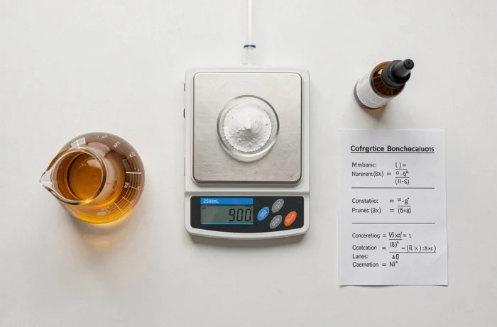 Vue de dessus d'instruments de laboratoire pour le calcul de concentration massique et volumique avec balance analytique et fiole jaugée