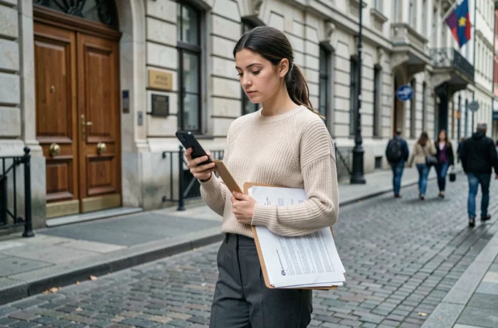 Jeune femme devant un bâtiment administratif tenant un dossier, symbolisant les démarches liées au changement de majorité légale