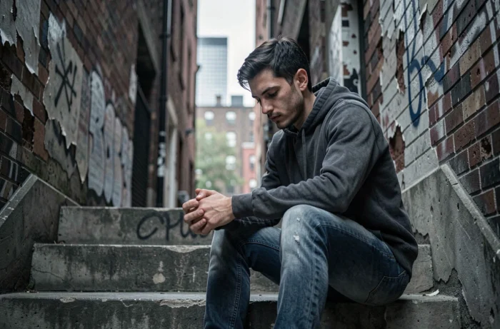 Jeune homme pensif assis seul dans une ruelle urbaine, évoquant les thèmes de lutte intérieure et de démons personnels des paroles d'Imagine Dragons