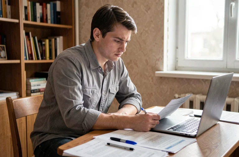 Jeune homme de 20 ans examinant des documents administratifs à son bureau, illustrant les enjeux de la majorité à 21 ans
