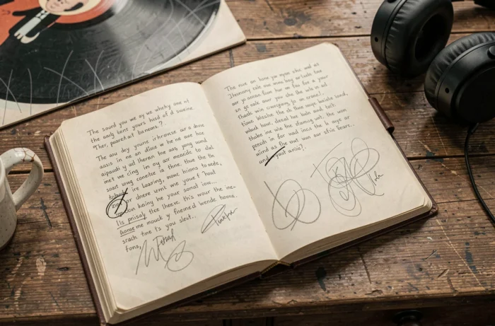 Journal intime ouvert avec paroles manuscrites et croquis sur un bureau en bois, évoquant l'analyse des paroles de Demons d'Imagine Dragons et leur traduction en français