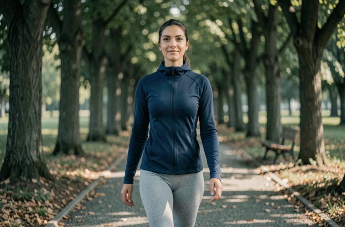 Femme marchant seule sur un sentier de parc arborisé au matin, représentant l'activité physique douce comme pilier du bien-être durable