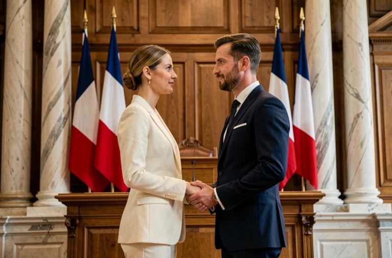 Cérémonie de mariage civil dans une mairie parisienne avec un couple en tenue formelle devant un officier d'état civil