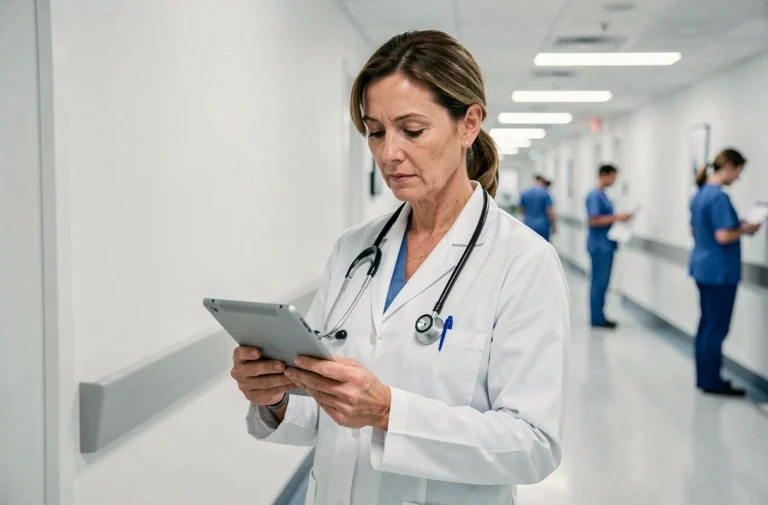 Médecin femme consultant un tablet numérique dans un couloir d'hôpital moderne pour suivre les actualités santé 2024