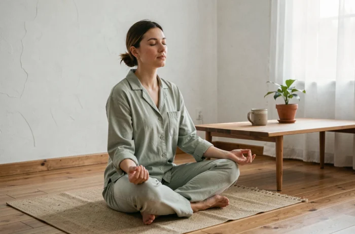 Femme pratiquant la méditation assise sur un tapis de yoga en lin dans un salon minimaliste, illustrant le bien-être quotidien