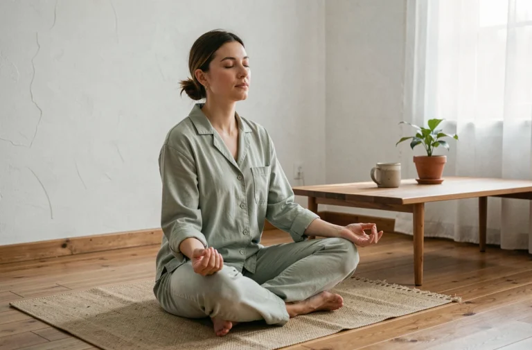 Femme pratiquant la méditation assise sur un tapis de yoga en lin dans un salon minimaliste, illustrant le bien-être quotidien