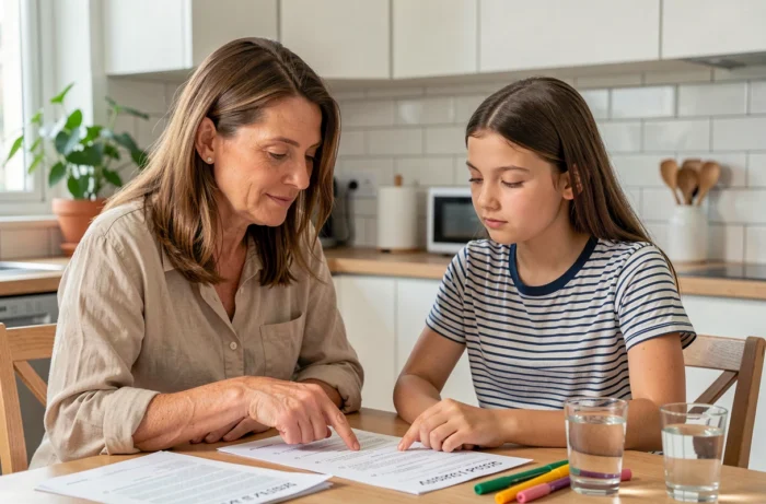 Mère aidant sa fille adolescente à préparer l'ASSR autour de la table de cuisine