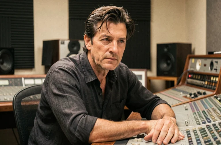 Musicien pensif assis dans un studio d'enregistrement, évoquant la santé et le retour sur scène d'un artiste français