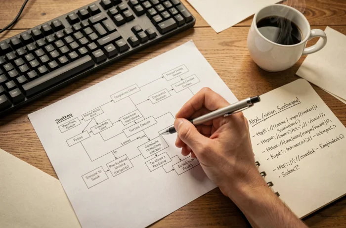 Vue aérienne d'un plan de site imprimé annoté à la main sur un bureau avec clavier et café, organisation de la navigation d'un blog