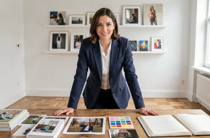 Portrait professionnel d'une artiste inspirante dans un espace de galerie contemporaine, posture assurée et environnement créatif