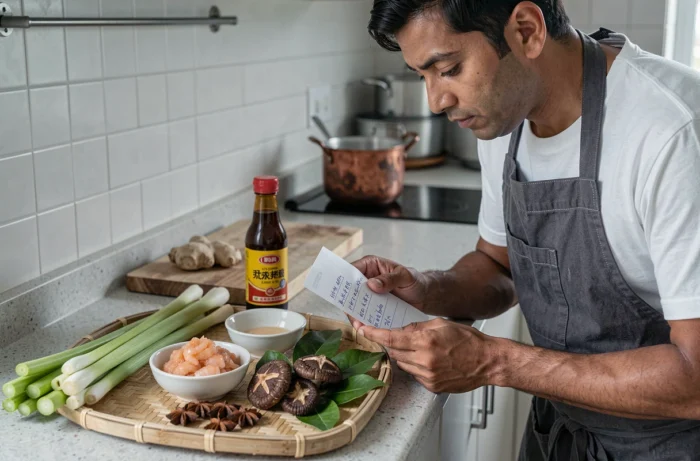 Homme préparant des ingrédients authentiques pour une recette asiatique dans une cuisine moderne avec des épices et condiments variés