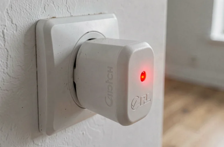 Prise CPL avec voyant rouge allumé branché dans une prise murale blanche dans un salon moderne