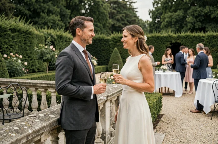 Réception de mariage dans un jardin à la française avec un couple élégant tenant des coupes de champagne près d'une balustrade en pierre