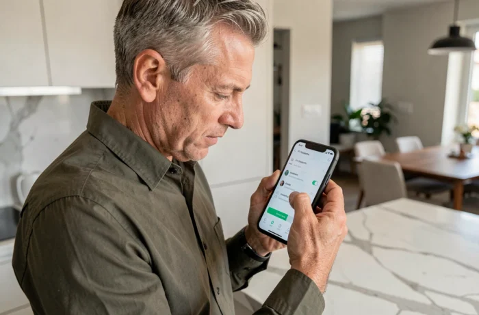Homme consultant les paramètres de l'application IPTV Smarters Pro sur smartphone dans une cuisine moderne