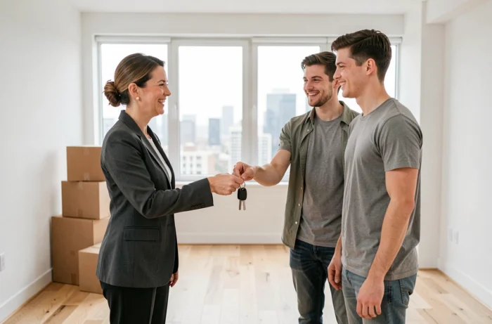 Agent immobilier remettant les clés d'un appartement à un couple de locataires après validation de la garantie Visale