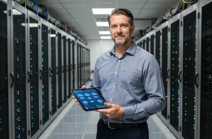 Responsable informatique dans une salle de serveurs tenant une tablette affichant une infrastructure cloud