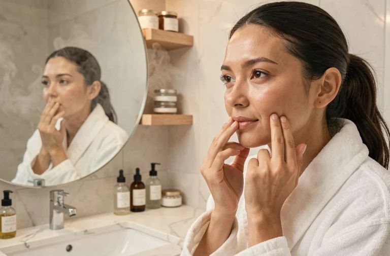 Femme appliquant un sérum visage devant un miroir dans une salle de bain minimaliste en marbre blanc