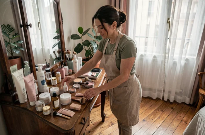 Femme choisissant ses produits cosmétiques sur une coiffeuse en bois dans un appartement parisien chaleureux
